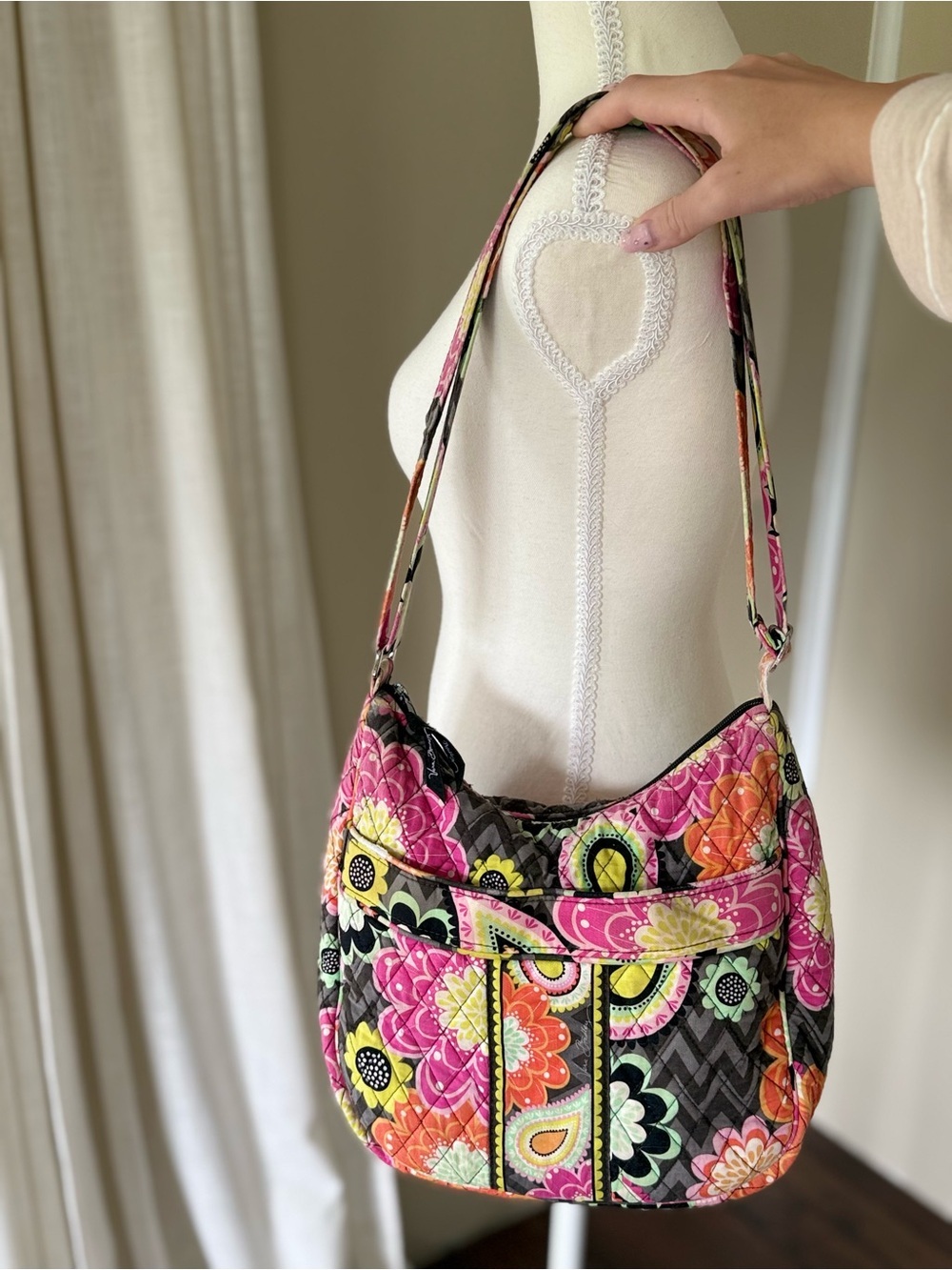 Vintage Vera Bradley Ziggy zinnia Cotton Quilted Floral Shoulder hobo Bag Pink - Picture 3 of 11